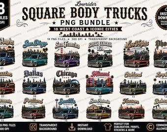 Square Body Truck PNG Bundle | 18 Retro Lowrider Designs (Digital Download)