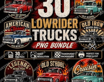 30 Lowrider Trucks PNG Bundle, Vintage C10 Classic Pickup Art