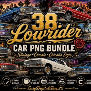 Puede incluir: Un paquete de arte digital con 38 diseños de coches lowrider en varios colores, con el texto "Lowrider Car PNG Bundle, Vintage, Classic, Chicano Style." Incluye iconos para camisetas, pegatinas, tazas y más. Descarga instantánea.