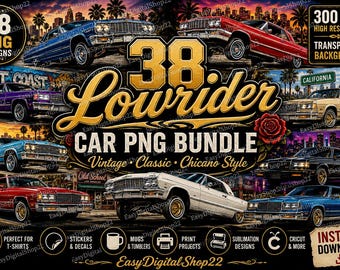 38 Lowrider Car PNG Bundle | Chicano Vintage Car Designs | Retro T-Shirt Sublimation