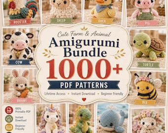 May include: A digital collection of crochet patterns titled Cute Farm & Animal Amigurumi Bundle 1000+ PDF Patterns. The image displays various crocheted animals including a rooster, sheep, duck, pig, cow, turtle, bunny, bee, unicorn, dinosaur, whale, and flower lamb.