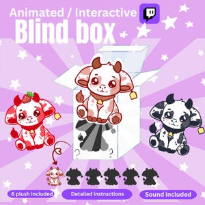 Peut inclure: Une boîte aveugle animée avec trois personnages de vaches en peluche. La boîte est blanche avec une vache à l'intérieur. Les vaches sont rouges, marron et noires avec des colliers à clochettes. Le texte comprend "Animated / Interactive Blind box".