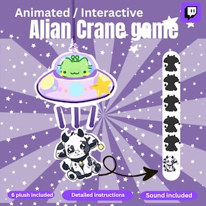 May include: A purple and white animated crane game graphic. The game features a cartoon alien in a spaceship, a plush cow, and the text "Alian Crane game." Additional text includes "6 plush included," "Detailed instructions," and "Sound included."