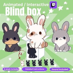 Puede incluir: Ilustración de una caja ciega animada con tres conejos de dibujos animados en negro, blanco y gris. La caja está abierta, con un conejo dentro. La imagen incluye el texto "Animated / Interactive Blind box", "6 plush included", "Detailed instructions" y "Sound included".