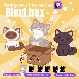Pode incluir: Ilustração de uma caixa cega animada com três gatos de desenho animado e detalhes de corrente dourada. A caixa marrom tem um rosto sorridente. O texto inclui "Animated / Interactive Blind box", "6 plush included", "Detailed instructions" e "Sound included".