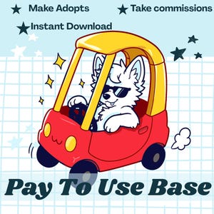 Op de afbeelding: Een digitale illustratie van een wit antropomorf dier met een zonnebril, rijdend in een rood en geel speelgoedautootje. Tekst: Make Adopts, Take commissions, Instant Download, Pay To Use Base. Achtergrond met een lichtblauw raster.