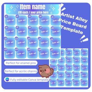 以下が含まれることがあります： 「Item name」と「1つ10ドル/あなたの価格はこちら」というテキストが入った青いArtist Alley価格ボードテンプレート。アイテム用のスペースがあり、「Sold out」とマークされ、「Perfect for enamel pins」と「Perfect for acrylic charms」というテキストが含まれています。