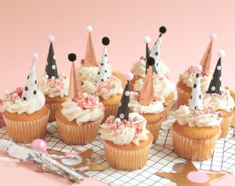 NEW Cupcake and Cake Toppers, Mini Party Hats, Rose Gold Black and White