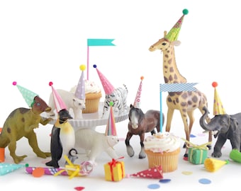 Mini Party Hats for Animals and Dinosaurs- BRIGHT COLORS- Miniature Hats for Dolls, Plastic Toys