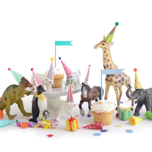 Mini Party Hats for Animals and Dinosaurs- BRIGHT COLORS- Miniature Hats for Dolls, Plastic Toys
