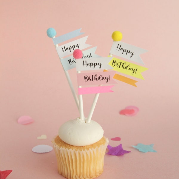 Happy Birthday Triple-Decker Flag Cupcake or Cake Topper - choose pink, blue or yellow option