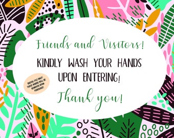 Welcome, Please Wash Hands printable downloadable door sign, Floral, Pretty, Bright