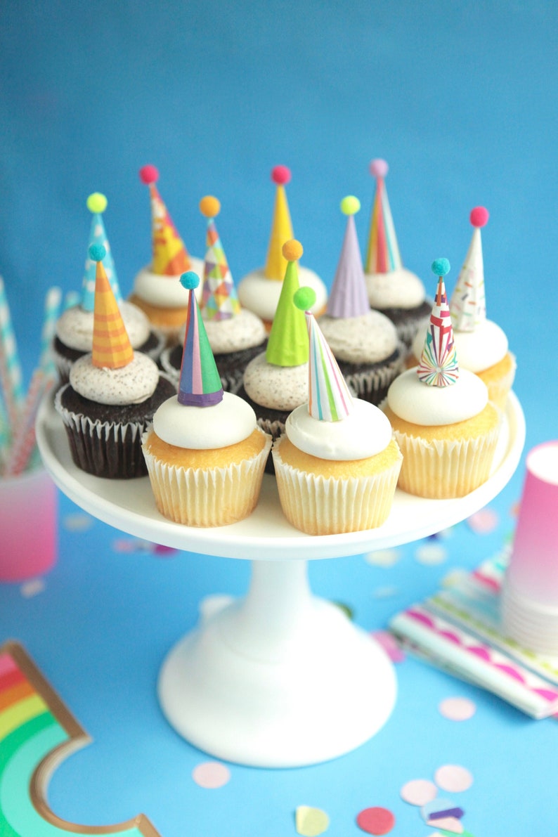 Cupcake and Cake Toppers, Mini Party Hats, Bright Colors 