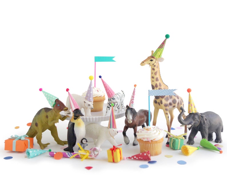 Mini Party Hats for Animals and Dinosaurs - BRIGHT COLORS - Miniature Hats for Dolls, Plastic Animals Dinosaurs, Wild One Party Animal Party