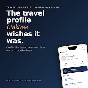 May include: Digital download advertisement with the text "The travel profile Linktree wishes it was." A smartphone displays a travel profile with interactive screens. The ad promotes a digital product with five screens.