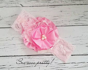 Pink flower headband, Baby girl headband, Lace headband