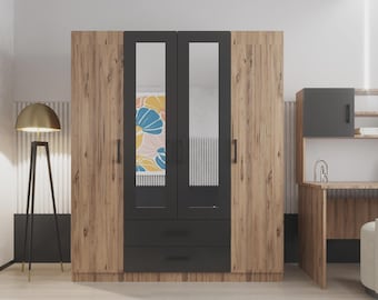 Latre 4 Door Wardrobe with Mirror & 2 Drawers, Modern Bedroom Closet, Large Storage Cabinet, 160x45x190 cm Wardrobe Organizer