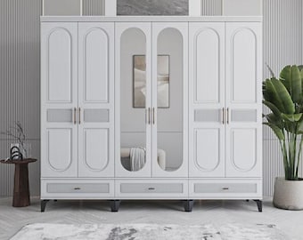 Armario blanco de 6 puertas con espejo, amplio armario de MDF con cajones, armario moderno, mueble de almacenamiento para dormitorio, armario independiente.