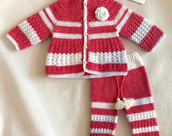 Handmade Knit 2-Piece Outfit Set, Baby Pink Crochet Clothes, Baby Girl 3–6 Months