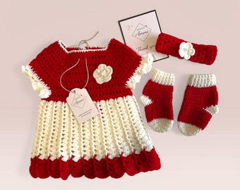 Red Crochet Baby Girl Dress Set, Handmade Knit 3-Piece Outfit, 3–6 Months, Baby Gift