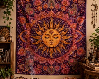 Zonmandala wandtapijt, hemelse boho wanddecoratie, mystieke zon wanddecoratie, paarse hippie decoratie voor studentenkamer, yoga meditatie altaarkleed, cadeau voor haar