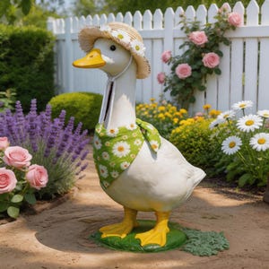 May include: A white goose statue with a yellow beak and feet, wearing a straw hat adorned with daisies and a green bandana with white daisy patterns. The goose stands on a green base, set in a garden with flowers and a white picket fence.