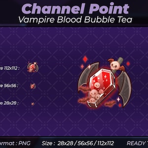May include: Digital graphic showing a coffin-shaped container filled with skulls and red liquid, with bat wings and a skull on top. The text "Channel Point Vampire Blood Bubble Tea" is displayed above. The image is on a purple background.
