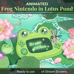 May include: Animated illustration of a frog-shaped Nintendo device in a lotus pond. The device screen displays "Stream Offline." Pink lotus flowers, lily pads, and a dragonfly are also featured. The image includes the text "Ready to use x4 Stream Screens."