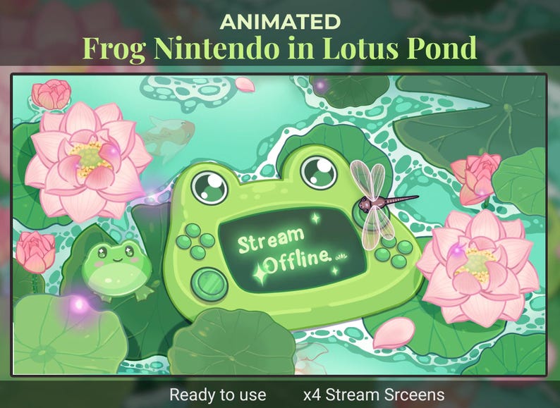 May include: Animated illustration of a frog-shaped Nintendo device in a lotus pond. The device screen displays "Stream Offline." Pink lotus flowers, lily pads, and a dragonfly are also featured. The image includes the text "Ready to use x4 Stream Screens."