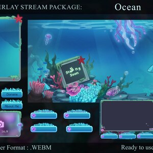 May include: An ocean-themed overlay stream package with a vibrant underwater scene. The design includes a central display area, several smaller boxes for information, and buttons labeled "Discord," "Donate," "Games," and "About Me." The package is ready to use.