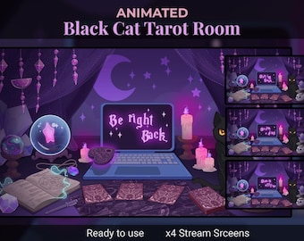 Animated Stream Screen: Black Cat in Tarot Room, Witch Craft Table Twitch Scenes (MP4)