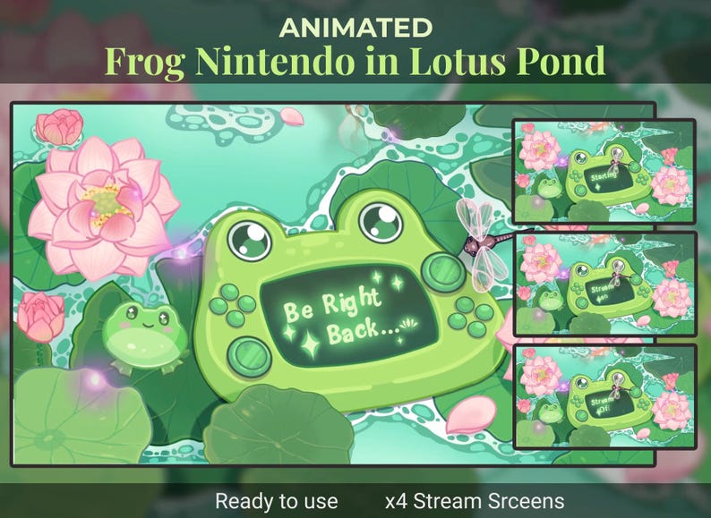 Animated Stream Screen: Cute Nintendo Frog Theme, Lotus Pond Twitch Scenes (MP4) image 1