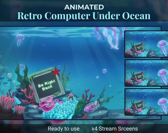 Animated Stream Screen: Retro Computer in Underwater with Fish, Starfish, Jellyfish, Coral, Octopus, PC Under Ocean Twitch Scenes (MP4)