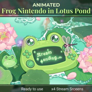 May include: Animated digital art featuring a green frog-shaped Nintendo device in a lotus pond setting. The screen displays "Stream ending..." surrounded by a dragonfly, pink lotus flowers, and lily pads. The image includes the text "Ready to use x4 Stream Srceens".