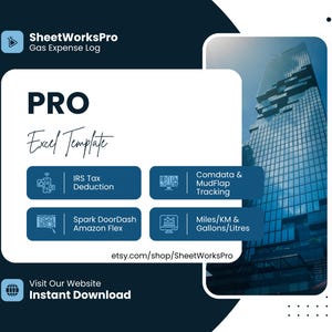 May include: A navy blue and white graphic promoting SheetWorksPro's gas expense log. The image features the text "PRO Excel Template" with options for IRS tax deductions, Comdata tracking, and more. The words "Instant Download" are also visible.