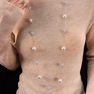 Pearl Crystal Long Necklace, CZ Ball Sweater Chain, Layered Pearl Necklace, Elegant Statement Jewelry Gift for Women