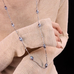 Gray Pearl Long Necklace, Tahitian Style Pearl Sweater Chain, Layered Silver Necklace, Elegant Statement Jewelry Gift for Women