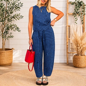 Women Two Piece Set Plaid Jumpsuit Sleeveless Top Wide Leg Pants Casual Matching Outfit