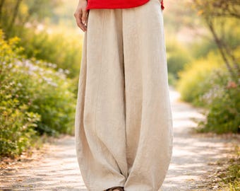 Women Ramie Cotton Pants Wide Leg Harem Loose Boho Trousers High Waist Casual Summer Outfit