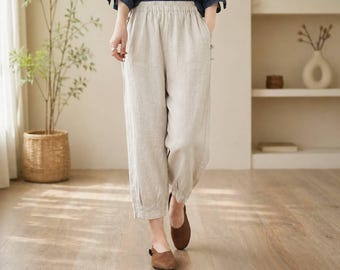 Women Cotton Linen Pants Loose High Waist Casual Trousers Elastic Waist Summer Comfort