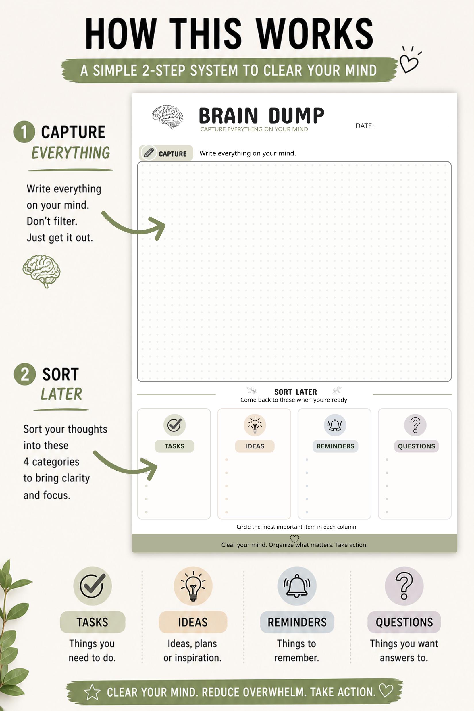 ADHD Brain Dump Worksheet Printable | Mental Clarity Planner ...