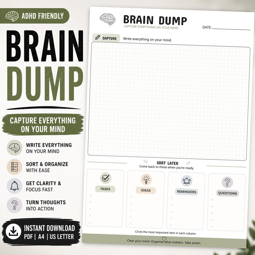 ADHD Brain Dump Worksheet Printable | Mental Clarity Planner ...