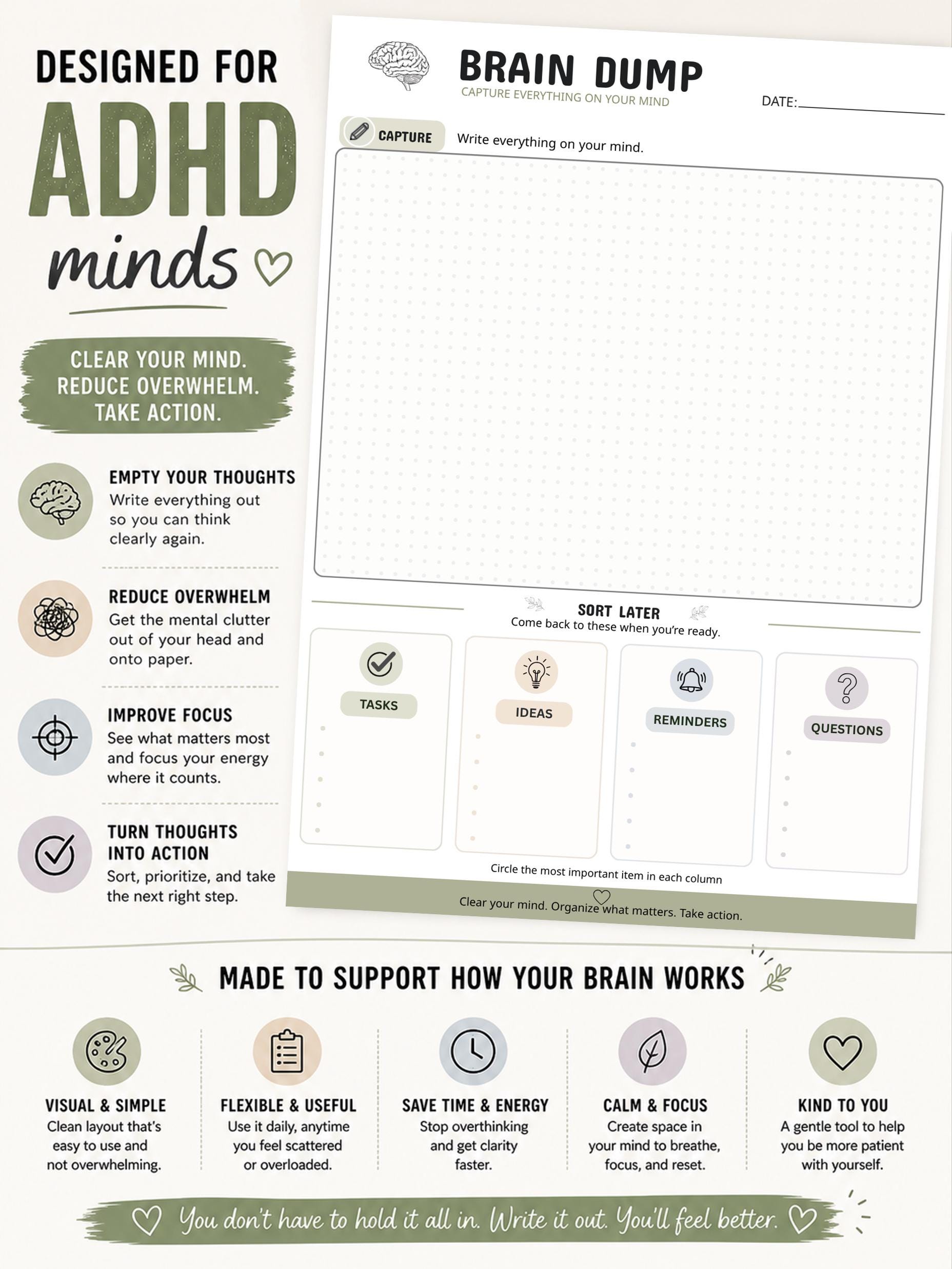 ADHD Brain Dump Worksheet Printable | Mental Clarity Planner ...