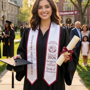 May include: A graduate in a black gown and mortarboard smiles, holding a diploma and cap. The white sash reads "Software Engineering" and "Fictional University of Creative Studies, Class of 2026, Bachelor of Science, Emily J. Thompson."