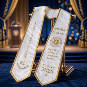 May include: A white graduation sash with gold trim and text. One side reads "FIRST GENERATION" vertically. The other side displays "Michael Anderson", university seal, and "Bachelor of Science in Computer Science, Class of 2026".