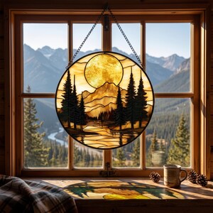 Könnte beinhalten: Ein runder Buntglas-Sonnenfänger mit einer Landschaftsszene, die einen großen gelben Mond, dunkle Kiefern und Bergsilhouetten zeigt. Das Stück ist in schwarzes Metall gefasst und hängt an einer silbernen Kette vor einem Fenster.