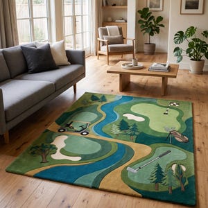 Green Blue River Play Rug, Winding Landscape Map Design for Kids' Rooms