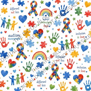 Può includere: Un motivo ripetitivo con illustrazioni ad acquerello di pezzi di puzzle, nastri arcobaleno, cuori, impronte di mani con cuori ritagliati e gruppi di persone. Il testo include different not less, autism awareness, accept understand love e inclusion is love.