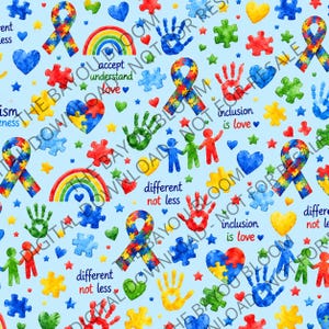 Puede incluir: Un patrón de tela azul claro con ilustraciones en acuarela de cintas de piezas de rompecabezas, arcoíris, huellas de manos, corazones y figuras de palitos. El texto incluye "different not less", "accept understand love" e "inclusion is love".