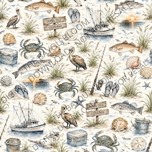 May include: A seamless pattern featuring coastal illustrations of Grand Isle, Louisiana, including fishing boats, pelicans, blue crabs, various seashells, starfish, fishing rods, coolers, flip-flops, and wooden signs on a light background.